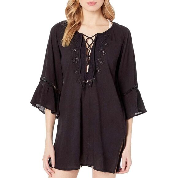 💠 O’NEILL Saltwater Solids Bell Sleeve Dress Cover-Up Black - Picture 1 of 12
